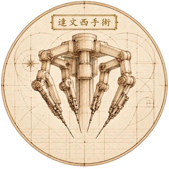 達文西機器手臂示意圖 — 多軸機械關節與精密器械尖端，達文西手稿風格繪製