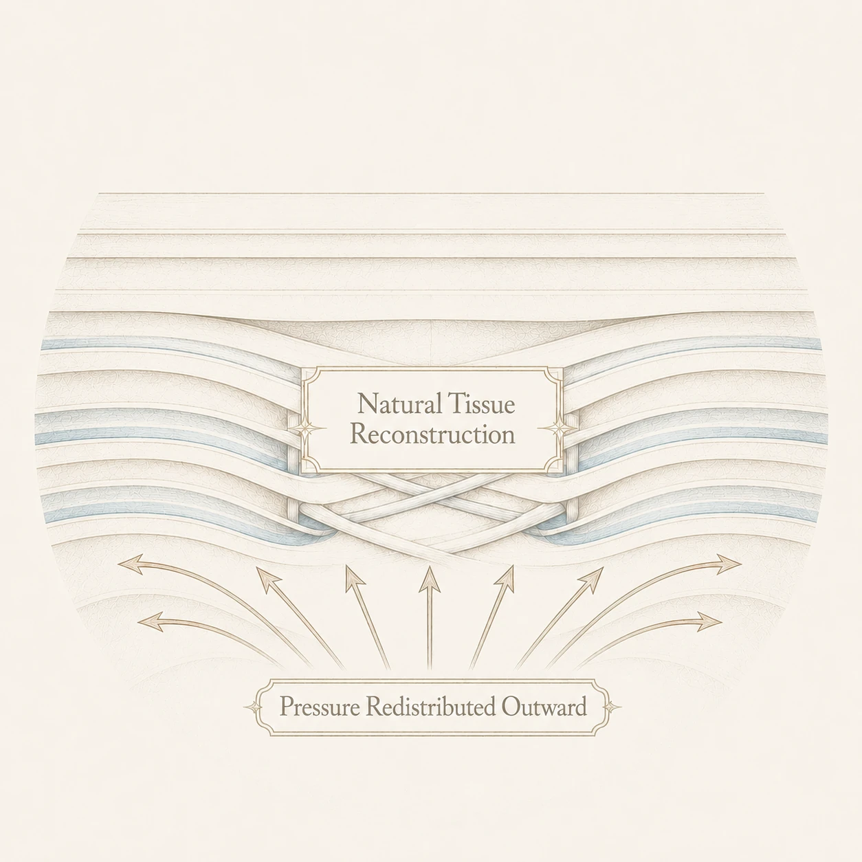 Biomechanical illustration — downward abdominal pressure, natural tissue reconstruction at the centre, pressure redistributed outward