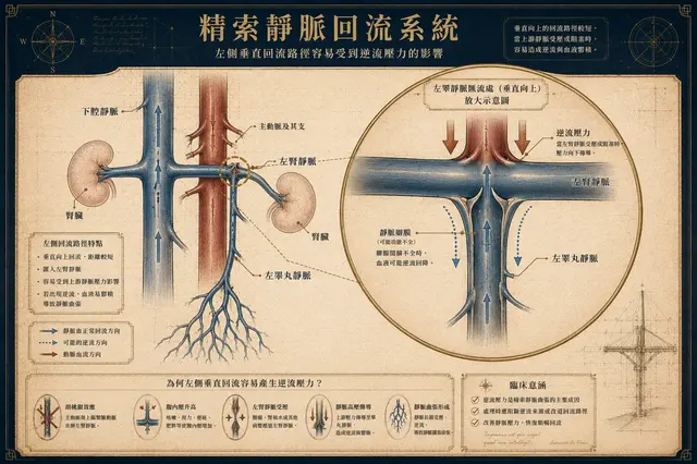 左側垂直回流路徑示意 — 左睪靜脈匯入左腎靜脈、再進入下腔大靜脈的解剖位置