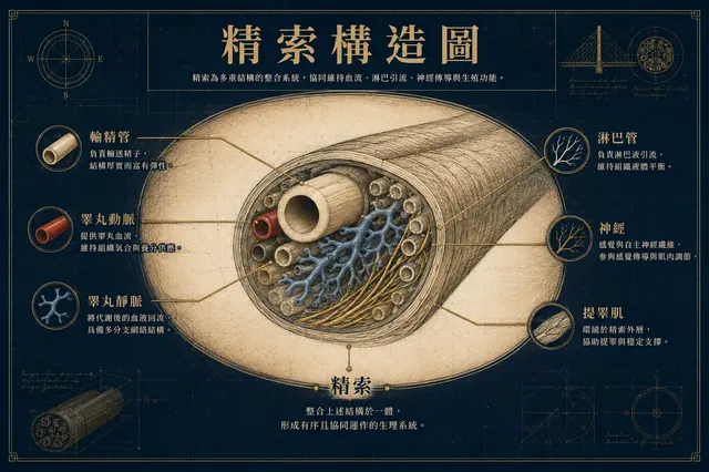 精索構造剖面圖 — 精索整合輸精管、睪丸動脈、睪丸靜脈、淋巴管、神經與提睪肌等多重結構