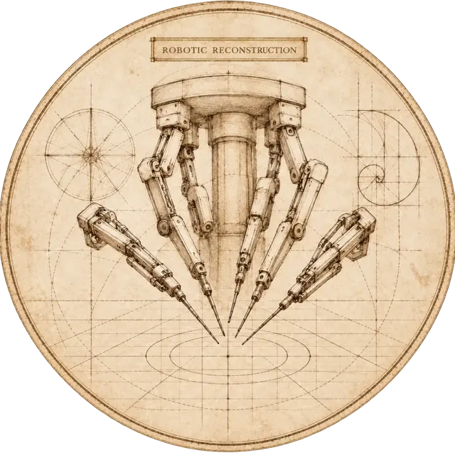 Da Vinci-style surgical robotic arm illustration — a multi-axis mechanical apparatus with precision instrument tips, rendered in a da Vinci manuscript style