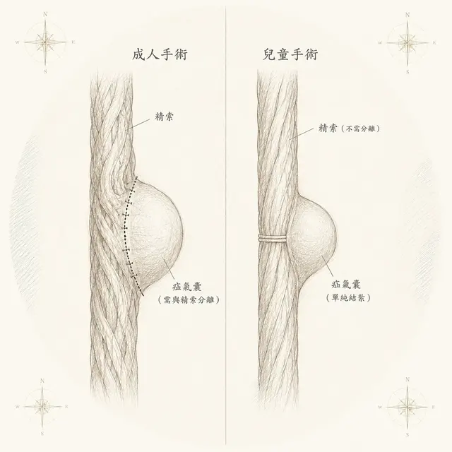 成人與兒童疝氣手術原則比較示意圖:成人手術需將疝氣囊與精索分離處理,兒童手術則單獨紮綁疝氣囊、不需分離精索