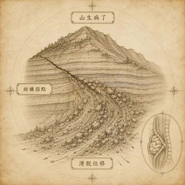 疝氣:山生病了發生滑脫的土石流現象,比喻人體結構器官的不正常移位 — 山生病了 / 結構弱點 / 滑脫位移
