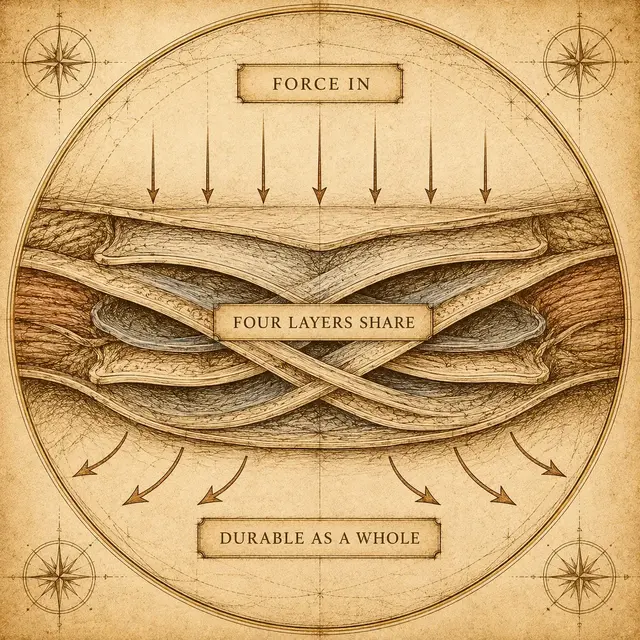 Four-layer stress distribution — a multi-layer composite sharing stress from many directions, far more durable than any single layer