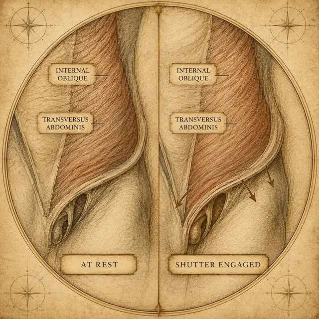 The inguinal shutter effect — as the internal oblique and transversus abdominis contract, their lower edge moves down and out, covering the top of the inguinal canal