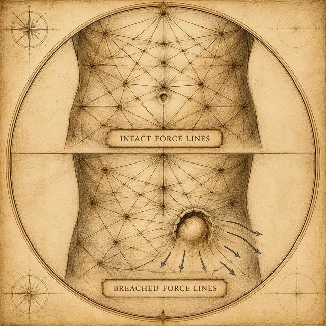 Intact force lines vs. breached force lines — top: the continuous force lines of an intact tensegrity system; bottom: the interruption and leakage of force lines caused by a hernia