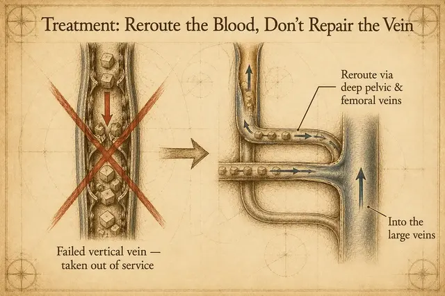 Treatment-principle diagram — decommissioning the vertical delivery system so blood reroutes onto horizontal belts (deep pelvic and femoral veins) into the large veins