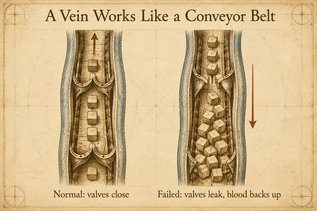 Conveyor-belt analogy — a normal testicular vein compared with a malfunctioning one