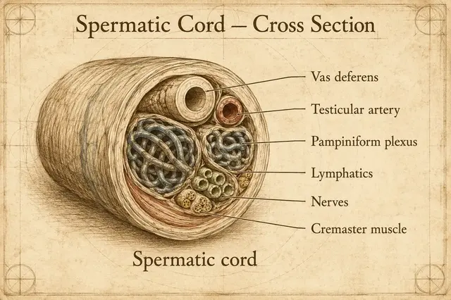 Cross-section of the spermatic cord — integrating the vas deferens, testicular artery, testicular veins, lymphatics, nerves, and the cremaster muscle