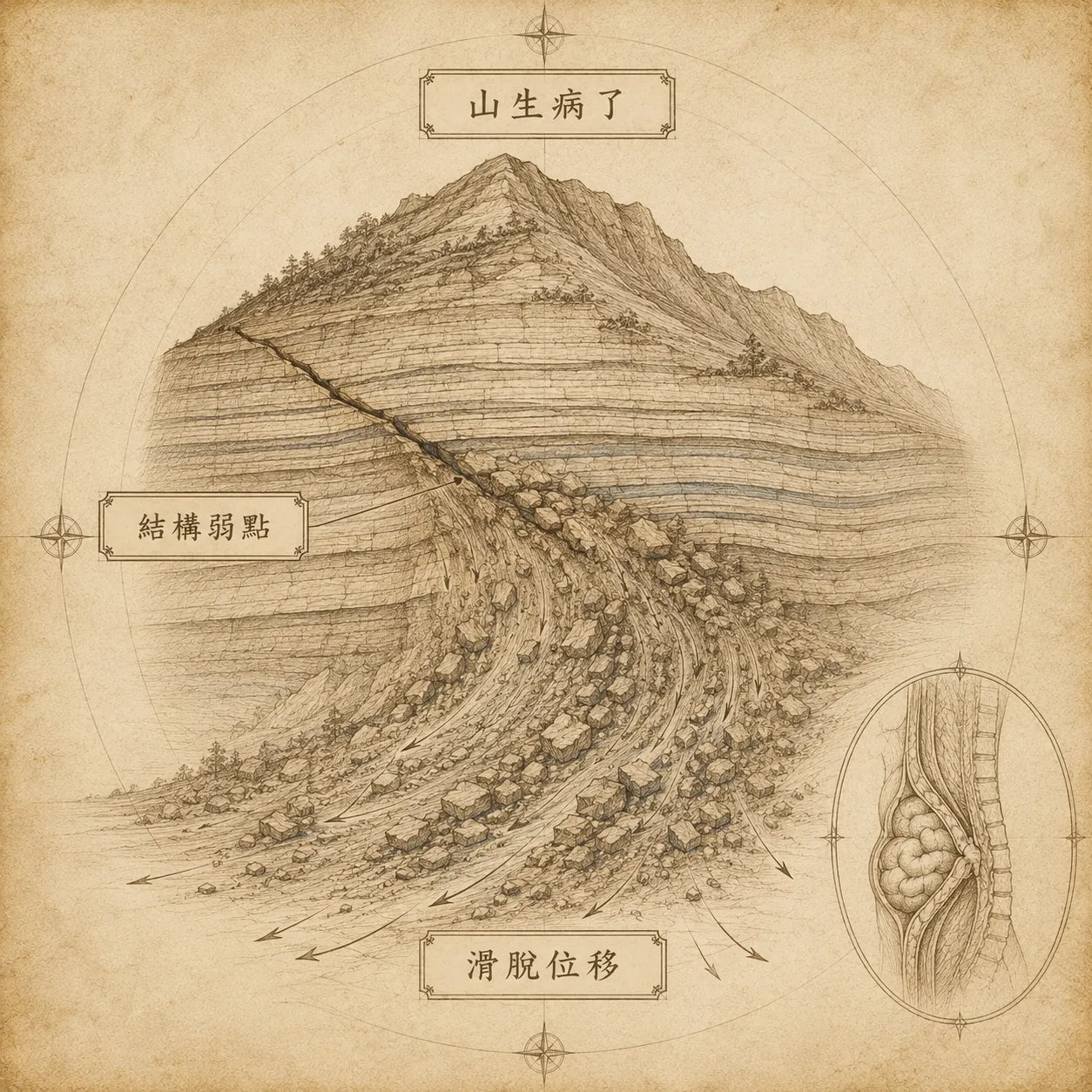 疝氣:山生病了發生滑脫的土石流現象,比喻人體結構器官的不正常移位 — 山生病了 / 結構弱點 / 滑脫位移