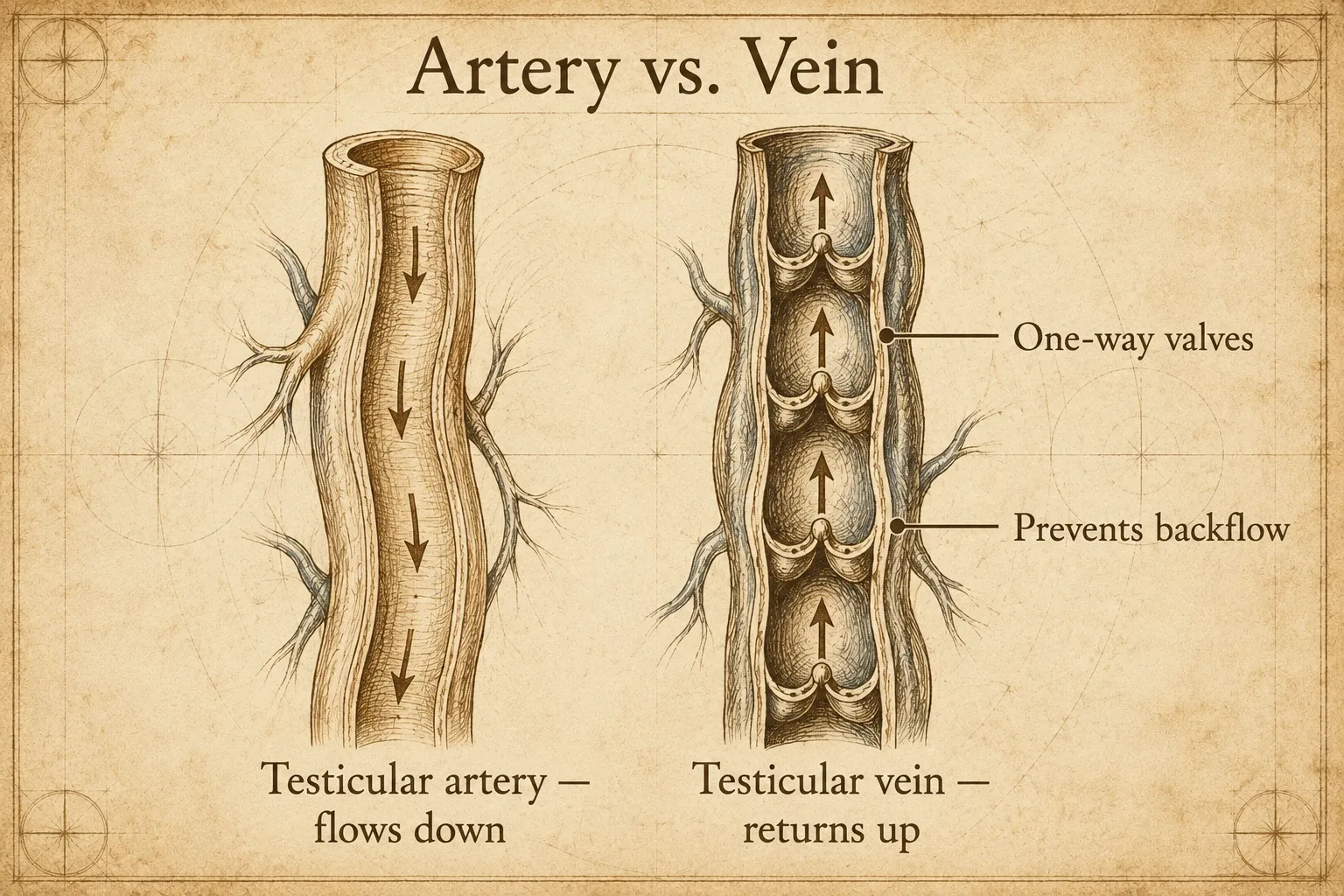 Testicular artery versus testicular vein — the artery flows downward, while the vein must return upward and relies on valves to prevent backflow