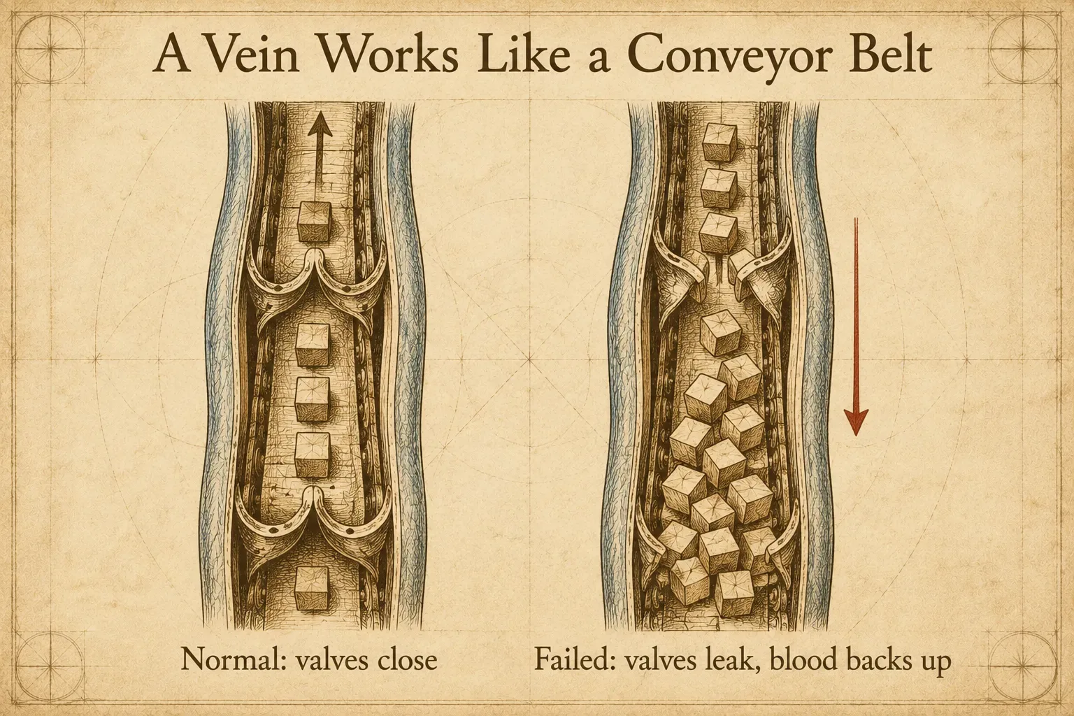 Conveyor-belt analogy — a normal testicular vein compared with a malfunctioning one