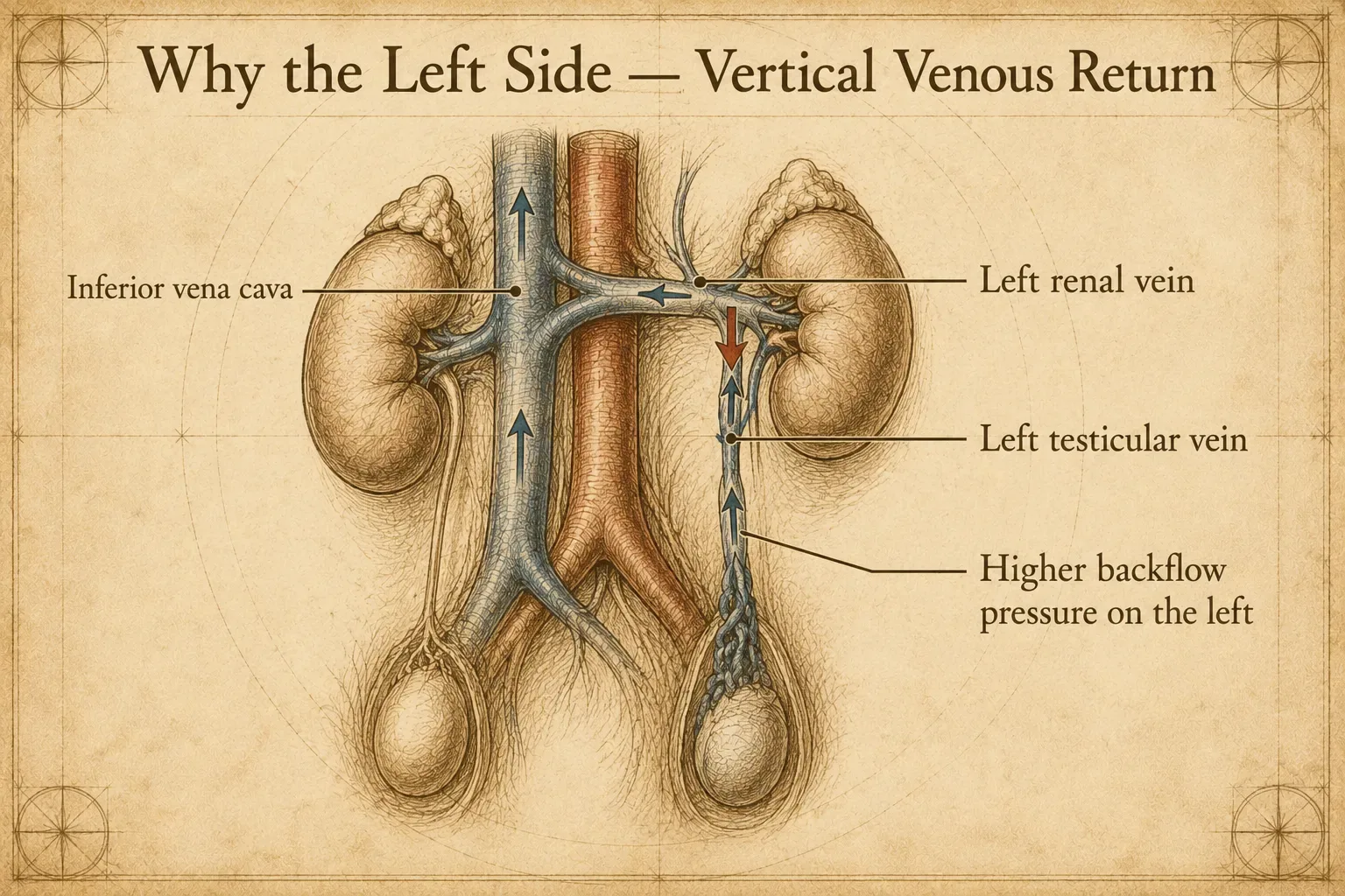 The left-side vertical return path — the anatomy of the left testicular vein joining the left renal vein and then entering the inferior vena cava