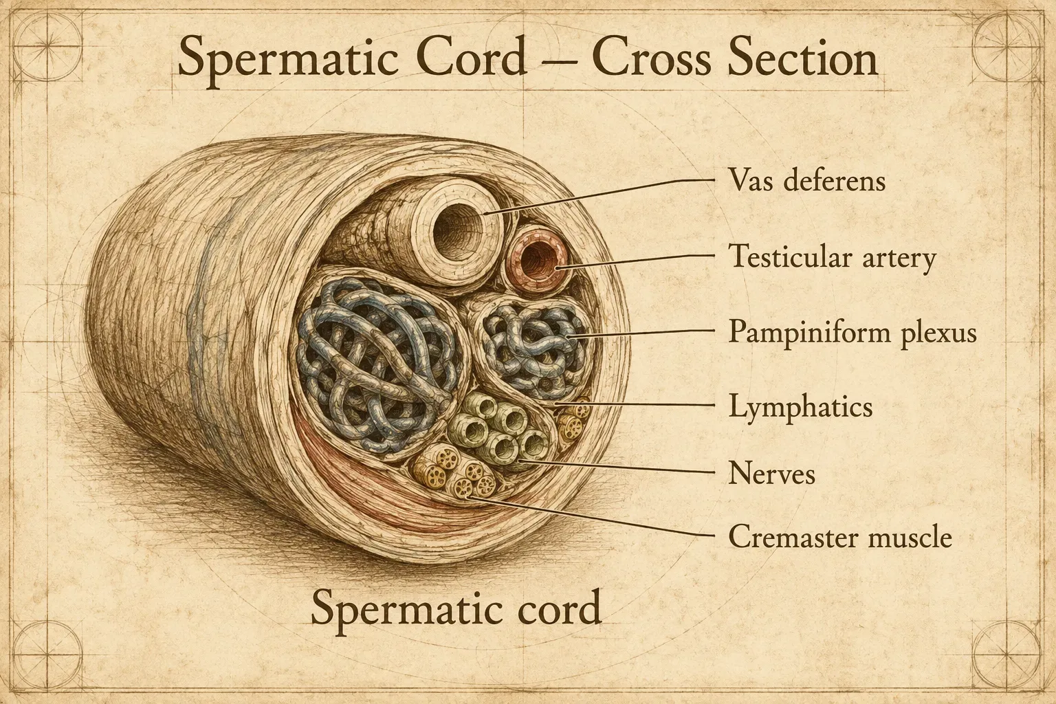 Cross-section of the spermatic cord — integrating the vas deferens, testicular artery, testicular veins, lymphatics, nerves, and the cremaster muscle